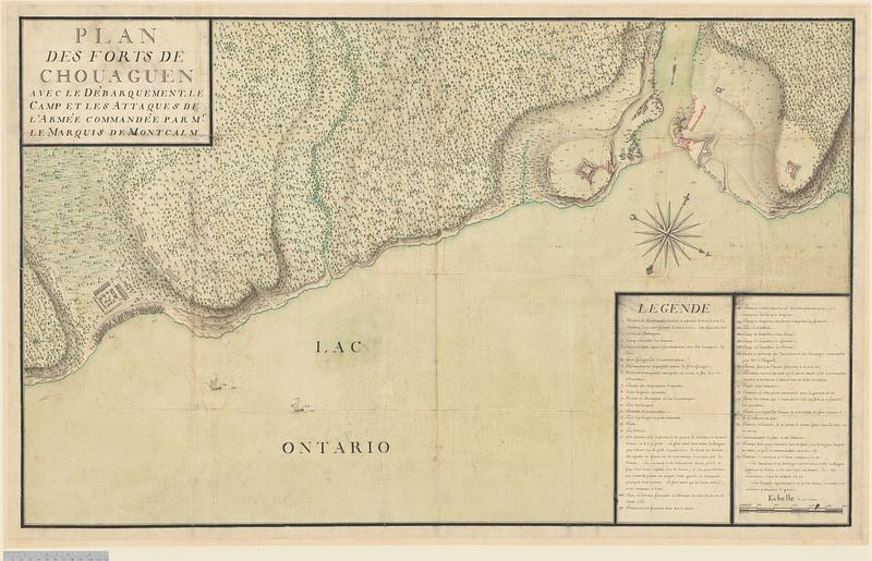 Plan des forts de Chouaguen avec le débarquement, le camp et les attaques de l'armée commandée par Mr le Marquis de Montcalm, Jean-Nicolas Desandrouins [Oswego]