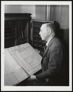 Pulitzer Mementoes. Dean Carl Ackerman of the Pulitzer School of Journalism, Columbia University, sits at the desk used by the late Joseph Pulitzer in his office at the New York World which Pulitzer published, and looks over a copy of The Old World. This picture was taken at the school which Pulitzer endowed and which was started after his death in 1911. The school has a number of Pulitzer mementoes. The 100th birthday anniversary of Mr. Pulitzer, who was also publisher of the St. Louis Post-Dispatch, will be observed on April 10.