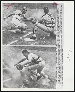 Handle on it--Don Blasingame of the Washington Senators slides home, top photo, as the ball gets away from Catcher J.C. Martin of the Chicago White Sox and falls at left of plate in the first inning today. In bottom photo, Martin makes a futile try for the ball as Blasingame hits him. Blasingame scored from third on a sacrifice fly to left by Don Lock.