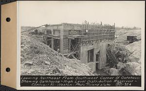 Contract No. 80, High Level Distribution Reservoir, Weston, looking northeast from southwest corner of gatehouse, showing gatehouse, high level distribution reservoir, Weston, Mass., May 6, 1940