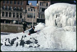 Children playing on frozen fountain, Copley Square