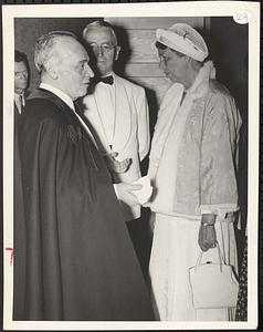 Serge Koussevitzky shaking the hand of Eleanor Roosevelt