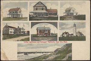 "Cliffs, Lighthouse and Cottages" Highlands, Cape Cod, Mass.