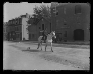 Policeman on horseback with dog along Washington Street