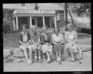 The country club's WGA first cup champions line up on their home course - left to right: Mrs. Robert Morris, Mrs. George Buell, Mrs. Henry Jackson, Mrs. Williard Howard and Mrs. Ralph Powers