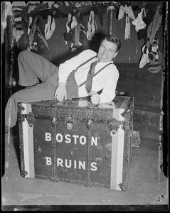 Frank Brimsek, Bruins goalie, in Boston Garden locker room, late 1930s