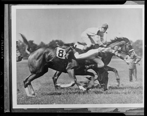 Jockey W. Hayhurst badly hurt during steeplechase at Belmont, N.Y.