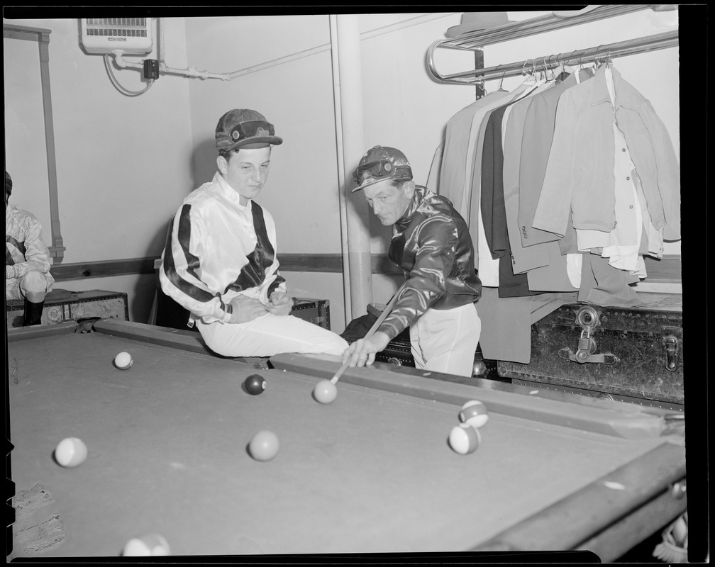 Jockeys shooting pool before race, Suffolk Downs