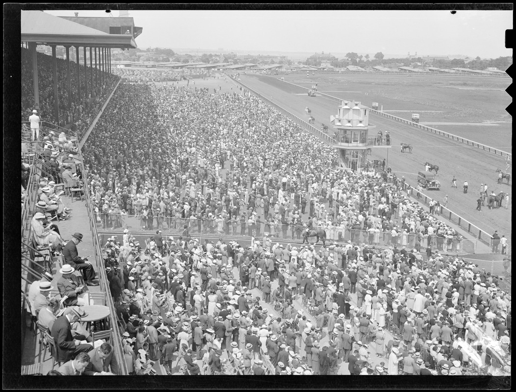 Crowd and horses wait, Suffolk Downs