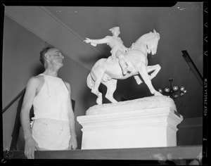 Clarence DeMar with model of Paul Revere statue