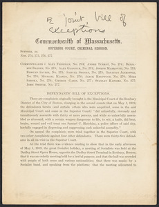 Sacco-Vanzetti Case Records, 1920-1928. Defense Papers. Commonwealth v. Alix Frishman et als. Defendants' Exceptions, n.d. Box 17, Folder 4, Harvard Law School Library, Historical & Special Collections