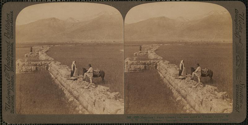 Mantinea's many towered wall and scene of Theban victory, W.S.W. to mts., Greece