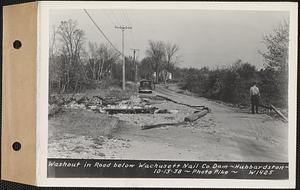 Washout in road below Wachusett Nail Co. dam, Hubbardston, Mass., Oct. 11, 1938