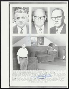 Newark, N.J.: Some principals in the investigation of organized crime in New Jersey are (T, in '69 photos): reputed New Jersey Mafia chieftain Simone Rizzo (Sam the Plumber) De-Cavalcante; Newark Mayor Hugh J. Addonizio; and Frederick B. Lacey, U. S. Attorney for New Jersey. Bottom photo shows restaurant owner Henry Wieland of Mountainside, N.J., standing in apartment, of a building he owns, formerly used as a Mafia headquarters.