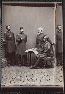 McClellan, General G. B. and staff, 1. Captain H.F. Clarke, 2. General McClelland, 3. Captain S. Van Vliet, 4. Colonel W. F. Barry