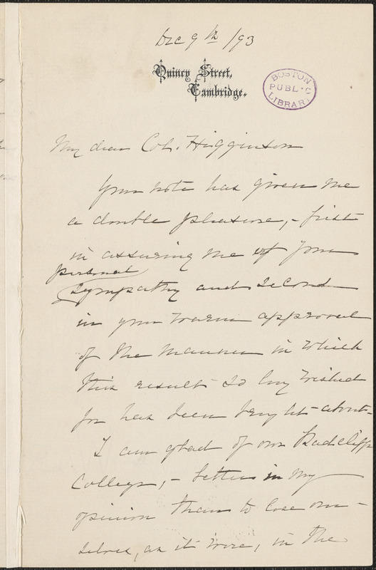 Elizabeth Cabot Cary Agassiz autograph letter signed to Thomas Wentworth Higginson, Cambridge, Massachusetts, 9 December 1893