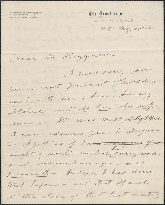 Susan B. Anthony autograph letter signed to Thomas Wentworth Higginson, New York, 20 May 1868