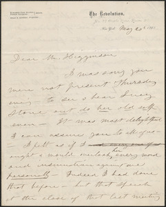 Susan B. Anthony autograph letter signed to Thomas Wentworth Higginson, New York, 20 May 1868