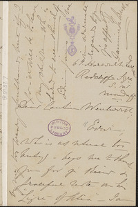 Fannie Maria Adelaide Arnold autograph letter signed to Thomas Wentworth Higginson, [London]