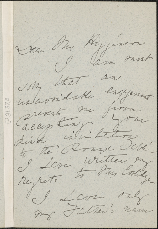 Helen Olcott Choate Bell autograph letter signed to Thomas Wentworth Higginson, [Boston]