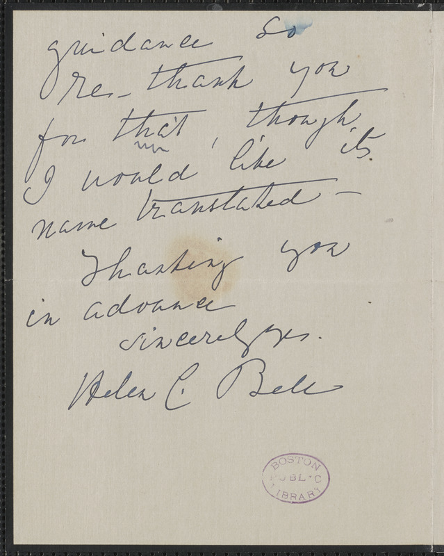 Helen Olcott Choate Bell autograph note signed to Thomas Wentworth Higginson, [Boston, 9? April 1909]