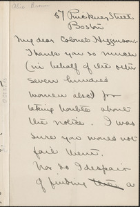 Alice Brown autograph letter signed to Thomas Wentworth Higginson, Boston