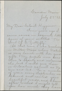 Kate Louise Brown autograph letter signed to Thomas Wentworth Higginson, Camden, ME., 27 July 1898