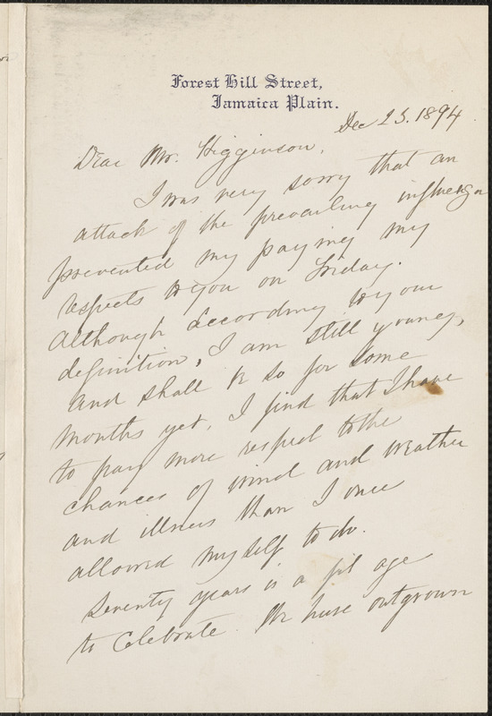 Ednah Dow Cheney autograph letter signed to Thomas Wentworth Higginson, Jamaica Plain, Mass., 23 December 1894