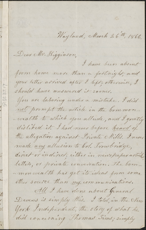 Lydia Maria Child autograph letter signed to Thomas Wentworth Higginson, Wayland, Mass., 26 March 1866
