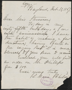 Lydia Maria Child autograph note signed to Miss Stevenson, Wayland, Mass., 11 February 1867