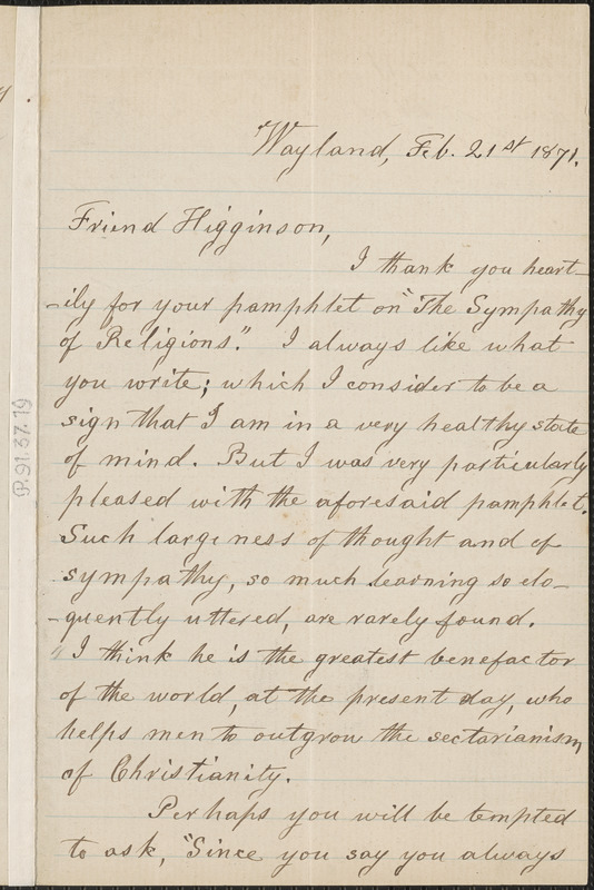 Lydia Maria Child autograph letter signed to Thomas Wentworth Higginson, Wayland, Mass., 21 February 1871