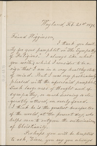 Lydia Maria Child autograph letter signed to Thomas Wentworth Higginson, Wayland, Mass., 21 February 1871