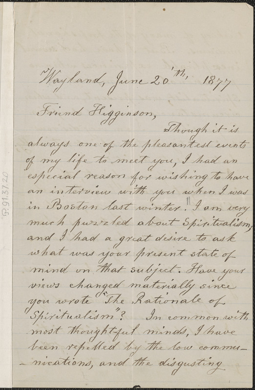 Lydia Maria Child autograph letter signed to Thomas Wentworth Higginson, Wayland, Mass., 20 June 1877
