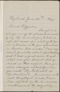 Lydia Maria Child autograph letter signed to Thomas Wentworth Higginson, Wayland, Mass., 20 June 1877