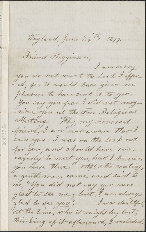 Lydia Maria Child autograph letter signed to Thomas Wentworth Higginson, Wayland, Mass., 24 June 1877