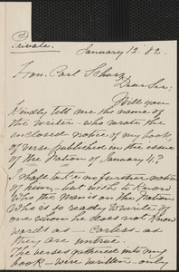 Mary Clemmer autograph letter signed to Carl Schurz, 12 January 1882