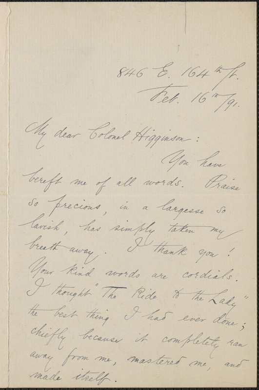 Helen Gray Cone autograph letter signed to Thomas Wentworth Higginson, [New York], 16 February 1891