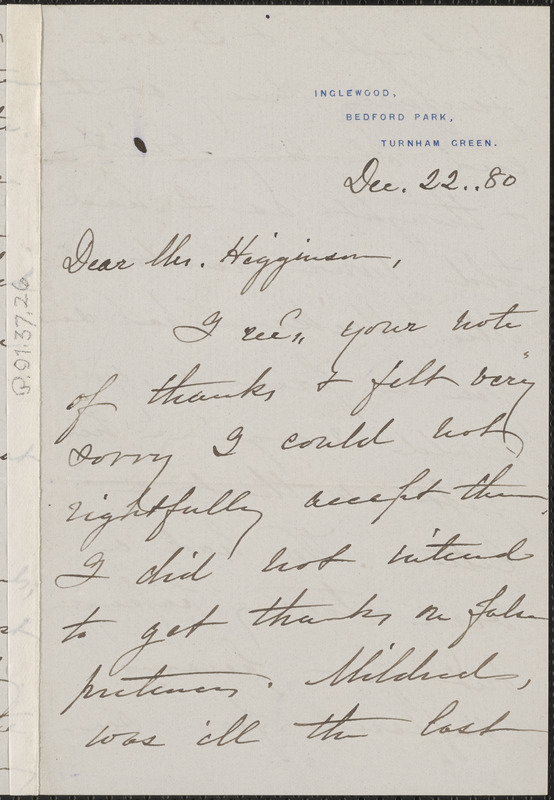 Ellen (Dana) Conway autograph letter signed to Thomas Wentworth Higginson, Turnham Green, England, 22 December 1880