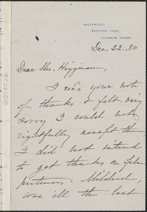 Ellen (Dana) Conway autograph letter signed to Thomas Wentworth Higginson, Turnham Green, England, 22 December 1880