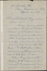 Ina D. Coolbrith autograph letter signed to Thomas Wentworth Higginson, San Francisco, 11 April 1907