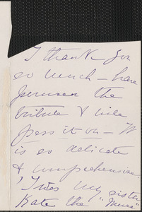Julie Grinnell (Storrow) Cruger autograph note signed to [Thomas Wentworth Higginson], [New York?]