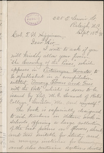 Minnie May Curtis autograph letter signed to Thomas Wentworth Higginson, Raleigh, NC., 10 September 1898