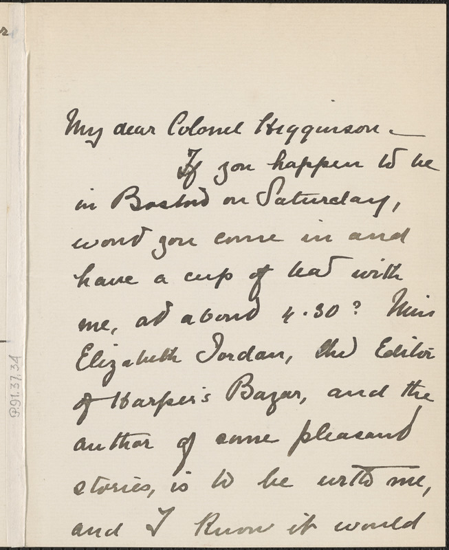 Margaret Deland autograph note signed to Thomas Wentworth Higginson, Boston