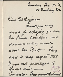 Margaret Deland autograph note signed to Thomas Wentworth Higginson, Boston, 31 January 1909