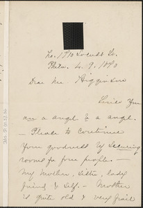 Anna E. Dickinson autograph letter signed to Thomas Wentworth Higginson, Philadelphia, 9 March 1870?
