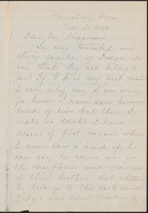 Mary Abigail Dodge autograph letter signed to Thomas Wentworth Higginson, Hamilton, Mass., 21 November 1866