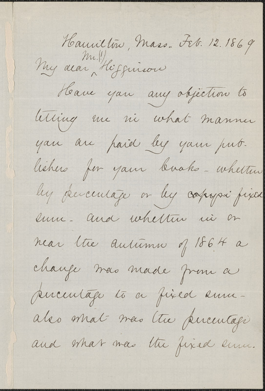 Mary Abigail Dodge autograph note signed to Thomas Wentworth Higginson, Hamilton, Mass., 12 February 1869