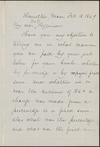 Mary Abigail Dodge autograph note signed to Thomas Wentworth Higginson, Hamilton, Mass., 12 February 1869