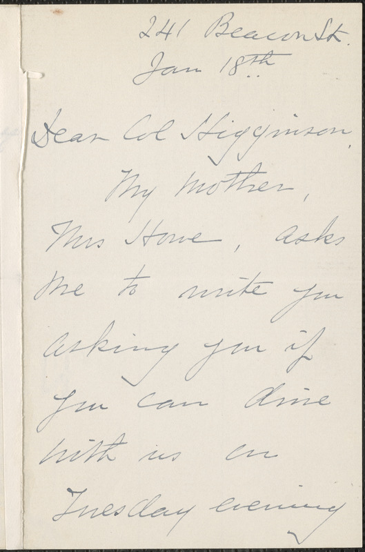 Maud (Howe) Elliott autograph note signed to Thomas Wentworth Higginson, [Boston], 18 January