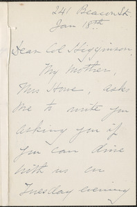 Maud (Howe) Elliott autograph note signed to Thomas Wentworth Higginson, [Boston], 18 January